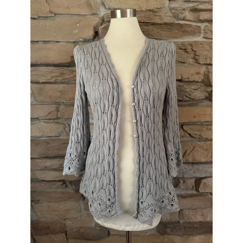 Nouveaux Gray Cotton Pointelle Knit Cardigan Scalloped Pearl Button Medium